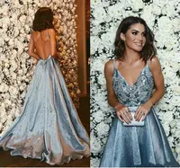 Sexy Backless Dusty Blue Prom Dresses 2019 Spaghetti Vintage Lace mit Perlen A Line Celebrity Kleider Abendkleid Vestido De Soiree