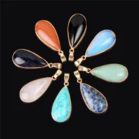 10Pcs Natural Healing Gem Stone Quartz Oval Water Drop Love Pendant Beautiful Multicolor Metaphysical Crystal Charm with Gold Pated Wrapped