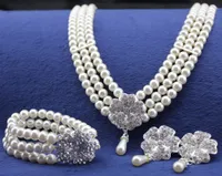 Rhodium Silver Tone Ivory / Cream Pearl Bridal Jewelry Set Naszyjnik ślubny Bransoletka i zestawy kolczyków