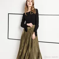 Jesień Damska Designer Dress Gold Spirts Elastyczna Talia Srebrne Długie Plisowane Suknie Spódnice Odzież damska