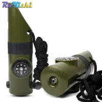 1 adet 7 in 1 Çok Fonksiyonlu Askeri Survival Kiti Büyüteç Düdük Pusula Termometre LED Işık