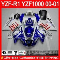Bodywork-Verkleidungen für Yamaha YZF1000 YZFR1 00 01 98 99 YZF-R1000 Körper 74NO15 Blau White YZF 1000 R 1 YZF-R1 YZF R1 2000 2001 1998 1999 Verkleidungsset
