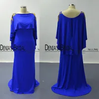 Cape Sleeves Prom Dresses 2016 Royal Blue Golden Lace Appliqued Sheath Scoop Satin Evening Party Dresses