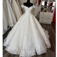 Elegante korte mouwen trouwjurk met appliques lieverd open rug tule lange bruidsjurken 2017 op maat gemaakte glamoureuze bruids jurken