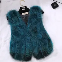 Autumn winter new women&#039;s luxury cotton-padded thickening fox raccoon fur sleeveless coat short vest casacos plus size S-3XL