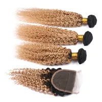 Brasiliansk Kinky Curly Ombre Lace Closure med 3Bundles 4PCS Lot Dark Roots 1b / 27 Honey Blonde Ombre Human Hair Wefts med stängning 4x4
