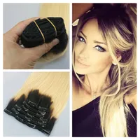 Two Tone Clip In Human Hair Extensions Ombre Clip In Hair Extensions Brazilian Human #1b 613 blonde