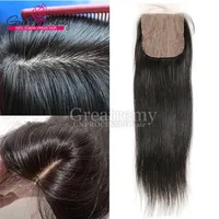 Greatremy Ücretsiz Bölüm Düz İpek Taban Üst Kapatma 4 * 4 Ağartılmış Knot Perulu İnsan Saç Dantel Kapatma Hairpieces Doğal Saç Çizgisi