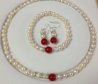 Ffree Wysyłka ** 7-8mm Real Natural White Pearl Red Ruby Naszyjnik Bransoletka Kolczyki Zestaw Biżuterii