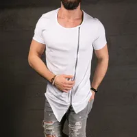 Pamuk Tee erkek Moda Gösterisi Şık Uzun T gömlek Asimetrik Yan Fermuar Büyük Boyun Kısa Kollu T-shirt Erkek Hip Hop Tee