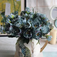 Kunstmatige zijde mini pioen bloem 1 boeket 5 hoofd nep blad thuis party tuin bruiloft decor blauw / ivoor / roze / hotpink