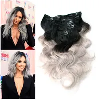 7a Top Ombre Clip In Hair Extensions 2 Tone 1b / Silver Grå 100g Ombre Peruvian Clip In Human Hair Extensions 8pcs / Set