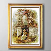Tuin meisje bloem villa, genadige stijl kruissteek handwerken sets borduurpakketten schilderijen geteld gedrukt op canvas DMC 14CT / 11CT