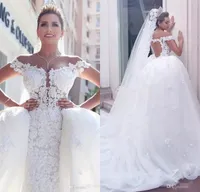 Vestidos de novia 2020 Lyxiga bröllopsklänningar med avtagbart tåg från axeln Full Lace Bröllopsklänningar Custom Made African Bridal Gown