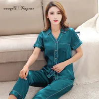 Wholesale- Drop ship Good quality silk pajamas Short sleeve Full length pants M-XXL Pyjamas for women with button design