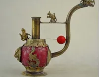 絶妙な中国のコレクティブル装飾された古い手仕事の銅のドラゴンフェニックスの人工赤い翡翠の喫煙パイプが付いている