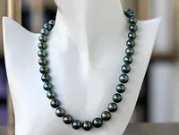 Fina pärlor smycken tahitian svart 10-12mm positiv cirkel minimal ultimata glansblå påfågel Grön South Pearl Necklace 19Inches 925silver