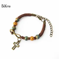 BoYuTe 5Pcs Vintage Hand-knitted Adjustable Rope Chain Cross Bracelet Ceramic Bead Charm Bracelet Womem Fashion Jewelry