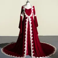 Mittelalterliche Weinlese-Elfenbein-Spitze Appliqued Burgunder-Samt-Hochzeits-Kleider mit langem Hülsen-Brautmantel-gotischen Brautkleid-nach Maß EN10139