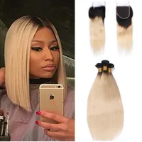 9A Unprocess Two Tone 1B 613 Ombre Brazilian Virgin Human Hair Weaves With Closure Frontal Straight Blonde Ombre Lace Closure With 3 Bundles