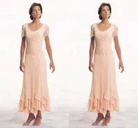 Bästsäljande 2019 Applique Chiffon Ankel längd Mor av brudklänningarna med kort Scoop Neck Blush Moms Bröllopsfestkläder