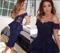 Custom Made 2019 Moda Donanma Mavi Kokteyl Elbiseleri Aplike Dantel Peplum Kalem Etek Arapça Çay Boyu Akşam Parti Abiye Kadınlar Için