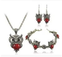 DHL Jewelry Sets Tibet Silver Vintage Turquoise Owl Pendant Necklace Charms Earring Bracelet Jewelry Set for Women Christmas Gift