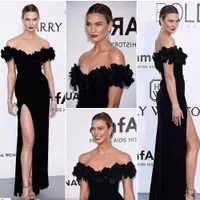 Black Velvet Celebrity Dresses 2019 Karlie Kloss Inspired Gala Cannes Film Festival Off the Shoulder Formal Evening Dress with High Split