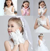 Bambini bianchi Guanti senza dita invernali con fiocco Guanto da sposa Pizzo Pearl Satin Guanti da sposa Pageant Princess Flower Girl Accessori da sposa