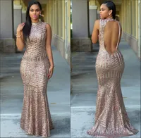 Sexig Keyhole Back 2020 Sequins Mermaid Evening Dresses Arabic Vestido de Soiree Blush Rosa Lång Formell Prom Party Gowns Pageant Wear BC2161