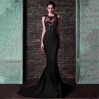 Elegant Black Satin Jewel Neckline Mermaid Evening Dress Charming Lace Appliques Prom Party Dresses Illusion Evening Gowns