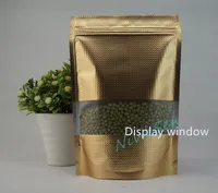Sacs de gaufrage de 9x13cm, 100pcs / lot X tiennent le sac ziplock de papier d'aluminium mat d'or avec la poche poly d'emballage de fines herbes séchées par fenêtre-dustproof