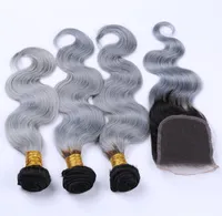 Ombre 2 Ton Farbe brasilianisches reines Haar Körperwelle 3 Bündel schwarz Wurzel Silbergrau menschliches Haar weben mit Schnürverschluss
