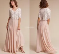 Lace & Chiffon Bridesmaid Dresses 2019 Cheap under 100 with Half Sleeves & V Neck Ivory Lace Blush Chiffon Long 2 Pieces Junior Formal Dress