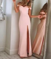 С плеча Простые элегантные платья выпускного вечера 2018 розовые длинные платья-представления с высоким разрезом бедра Уникальный дизайн Вечернее платье на заказ