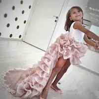 Pink Tierd Ruffles Girls Pageant Dresses 2019 Newly High Low Jewel Neck Long Train Formal Party Wears Bow Sash Back Flower Girl Dresses