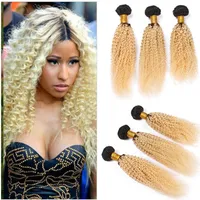 Kinky Curly Brazilian Blonde Ombre Human Hair Weave Bundlar 3PCS Två Tone 1B / 613 Dark Root Blonde Ombre Virgin Human Hair Extensions