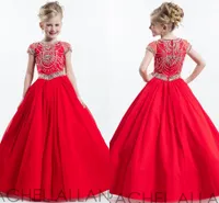 Rachel Allan Red Junior Girls Pageant Dresses Short Sleeve Crew Beading Crystal 2020 Cheap Flower Girl Dress Baby Party Gowns