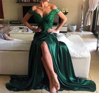 2017 smaragdgrün split sexy prom kleider off-schulter eine linie spitze elastischem satin lange mit perlen applique lange plus größe abendkleider