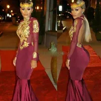 2016 Arabiska Bourgogne Långärmade Aftonklänningar Guld Lace Appliques Backless High Neck Keyhole Neckline Ankara Mermaid Evening Dresses