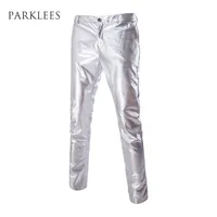 Wholesale- Mens Casual Night Club Metallic Gold Flat Front Suit Pants Casual Slim Fit Straight Leg Trousers Hip Hop Stage Costumes Singers