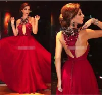 2017 Myriam Fares Red Celebrity Sukienki Major Zroszony Dekolt Halter z seksownym wycięciem keyhole a line t pasek z tyłu tulle sukienki wieczorowe