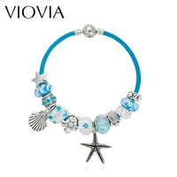 Großhandel - Viovia Sommer Stil Blaue Leder Armbänder Armreifen Meer Turtle Stern Shell Charm Murano Glasperlen Armband Für Frauen B15180