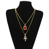 2017 Egyptiska stora Ankh Key Pendant Halsband sätter Mini Square Ruby Sapphire med Cross Charms Cuban Link Kedja för Mens Hip Hop Smycken