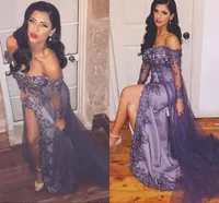 Sexy Lavender Lace off Shoulder Long Sleeves Side Split Evening Dresses Beaded Long Prom Gowns with Tulle Overskirt