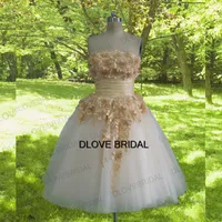 Real Photos Short Vestido de noiva Knee Length Strapless Wedding Dress with Champagne 3D Floral Lace Appliques High Quality Bridal Dresses
