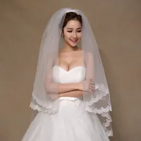 New White 1.5 Meters Short Bridal Veils 2 Tier Layer Elegant Wedding Accessories 2017 With Lace Appliques veu de noiva