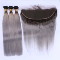 Серебристо-серый Ombre 3 пучка перуанских человеческих волос с фронтальной шелковистой прямой 1B / серый Ombre 13x4 кружева фронтальная застежка с плетением 4шт / много