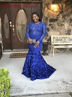 Custom Made Plus Size Black Girls Prom Dresses 2019 Jewel Neck Manica lunga sirena Royal Blue in rilievo 3D Flora Formal Evening Party Gown