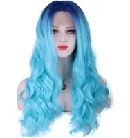 Fashion High Temperature Fiber Heat Resistant Natural 22&quot; Long Body Wave Two Tones dark blue Ombre blue Roots Synthetic lace front Wigs